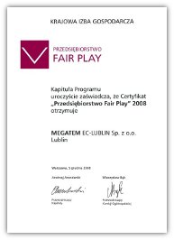 Certyfikat Przedsiębiorstwo Fair Play 2008