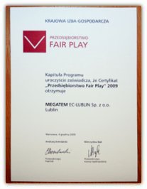 Certyfikat Przedsiębiorstwo Fair Play 2009